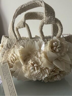 NWT Viral Beaded & Shell Shoulder White Neutral Handcrafted Bag Made In India